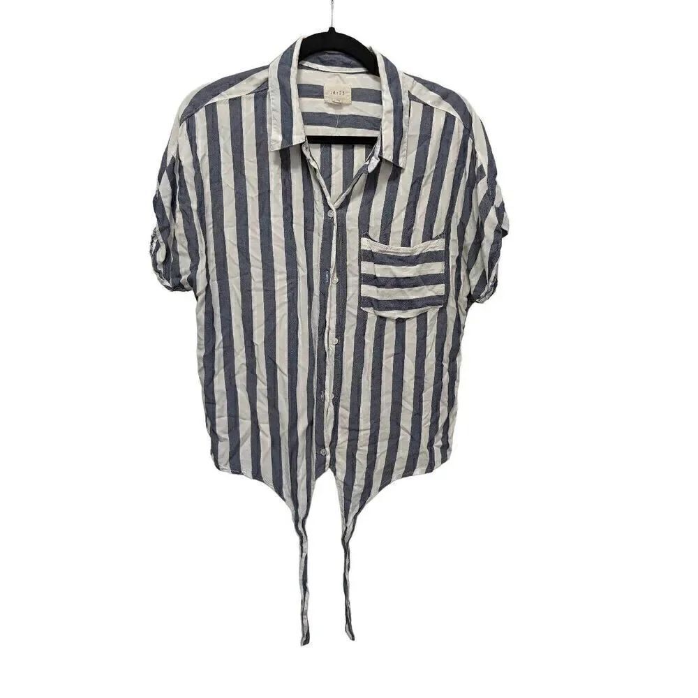 id:23 by Sneak Peek Front Tie Short Sleeves with Front Pocket Button Down Stripp
